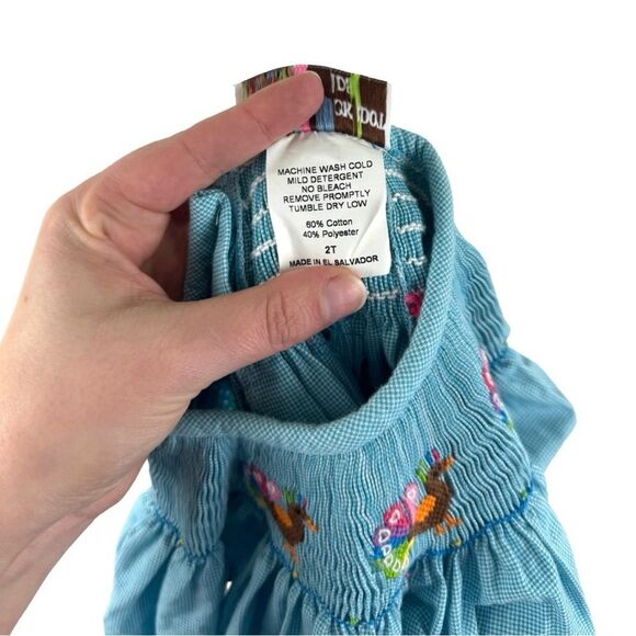 Smockadot Kids 2T Blue Gingham Smocked Peacock Short Puff Sleeve Ric-Rac Ruffle - Picture 8 of 8